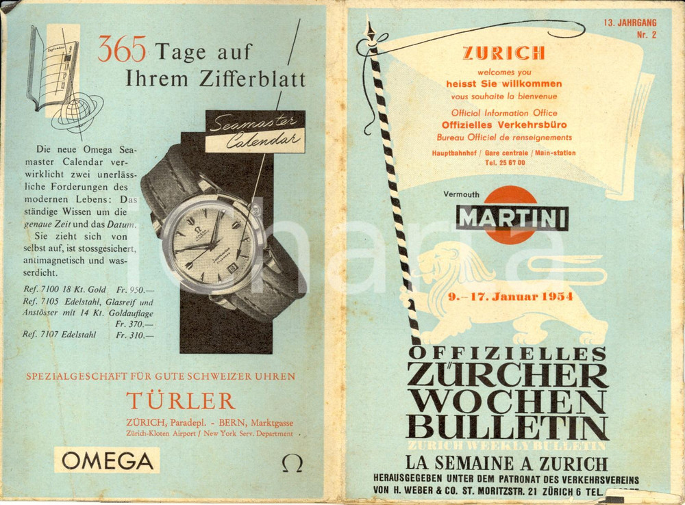 Materiale pubblicitario d’epoca 1954 ZURICH CH Offizielles wochen bulletin Anno XIII n. 2 MARTINI OMEGA 1