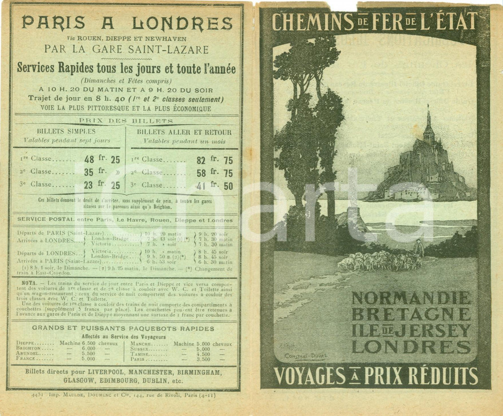Materiale pubblicitario d’epoca 1911 PARIS Chemins de fer de l Etat pour NORMANDIE et BRETAGNE Tariffe 1