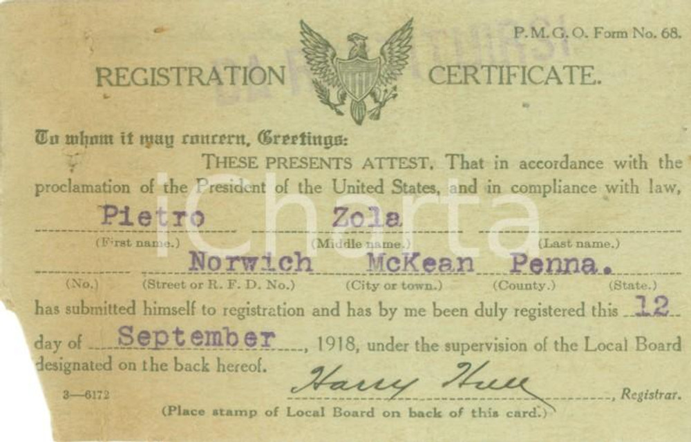 Oggetto da collezione cartaceo 1918 NORWICH, PENNSYLVANIA USA Tessera di registrazione immigrato Pietro ZOLA 1