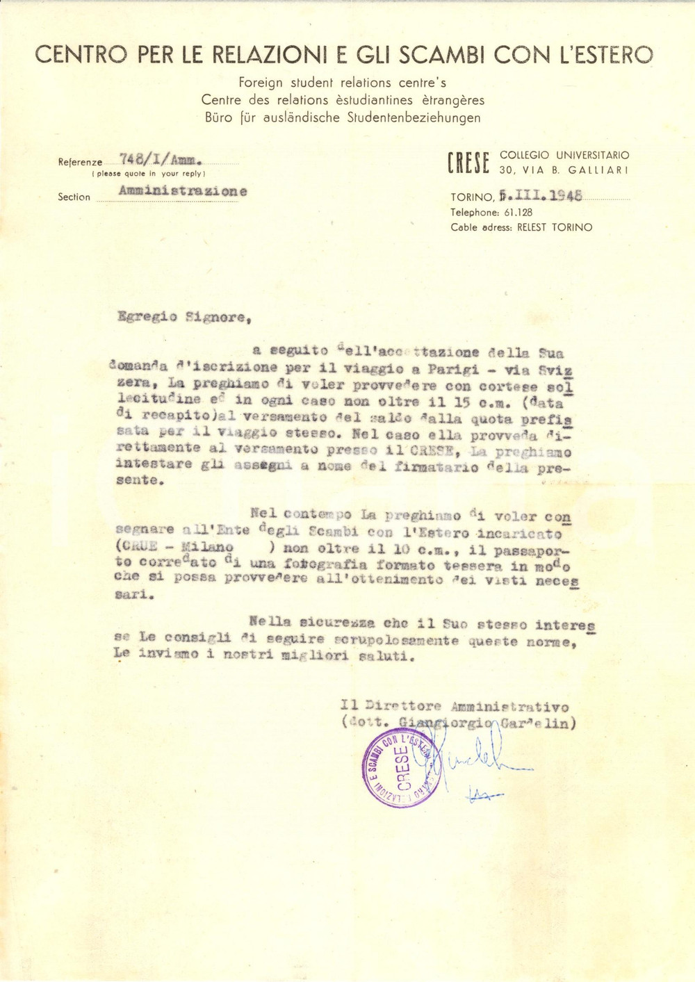 Manoscritto, lettera originale 1948 TORINO Centro Relazioni E Scambi Estero Viaggio a PARIGI Lettera INTESTATA 1