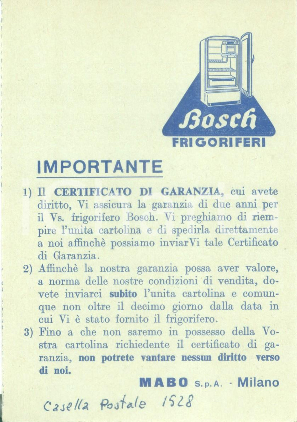 Materiale pubblicitario d’epoca 1950 ca MILANO Frigoriferi BOSCH Cartoncino con istruzioni GARANZIA ASSENTE 1