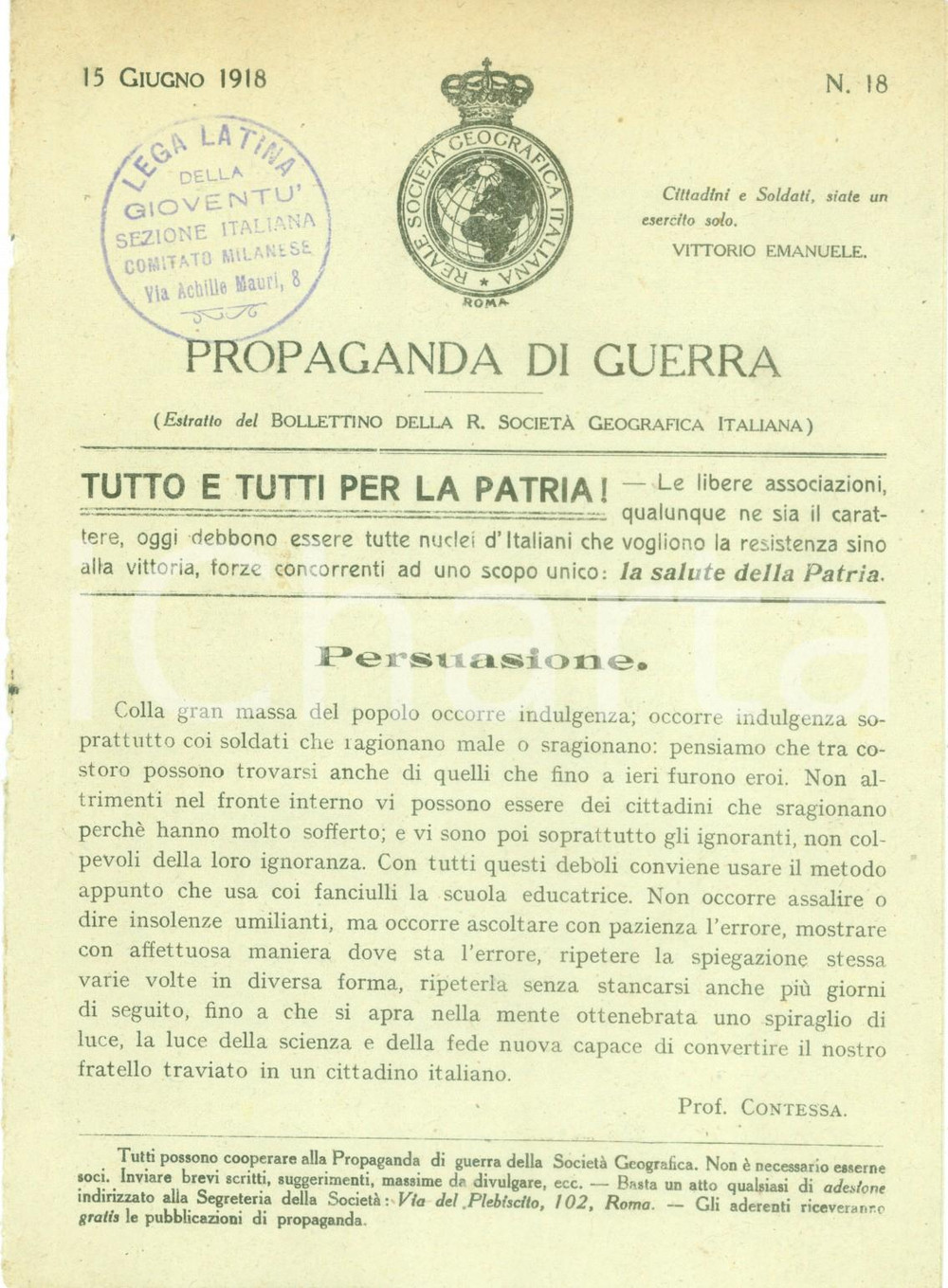 Documento originale, autentico 1918 MILANO PROPAGANDA WW1 Reale SocietÃ  Geografica Italiana Opuscolo 1