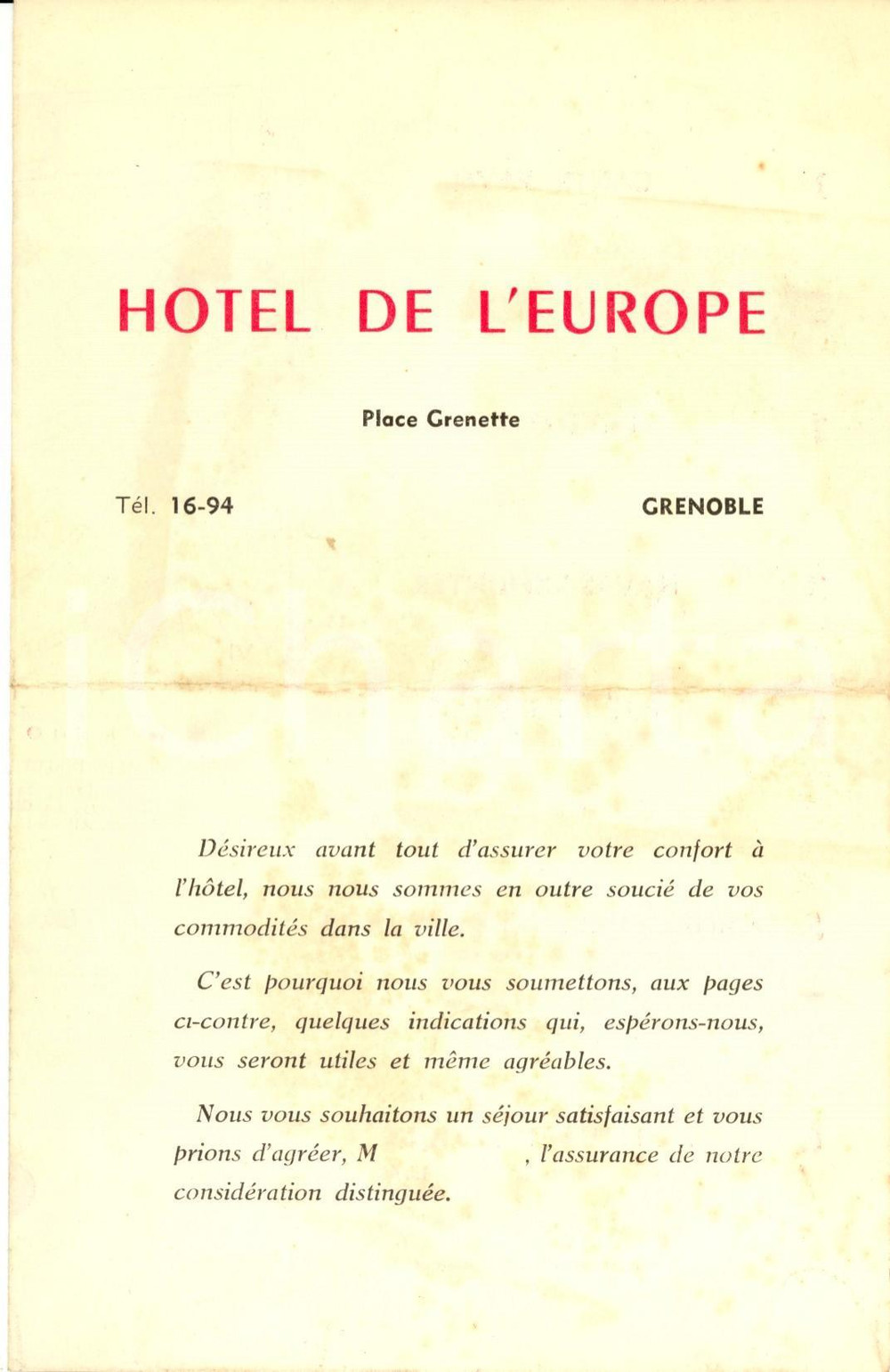 Materiale pubblicitario d’epoca 1940 ca GRENOBLE FRANCE Hotel DE L EUROPE Opuscolo con mappa centro cittÃ 1