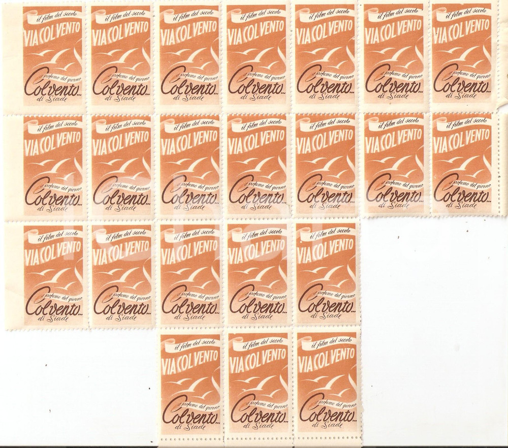 Materiale pubblicitario d’epoca 1940 VIA COL VENTO Profumo Col Vento di SIADE 22 erinnofili Serie arancione 1