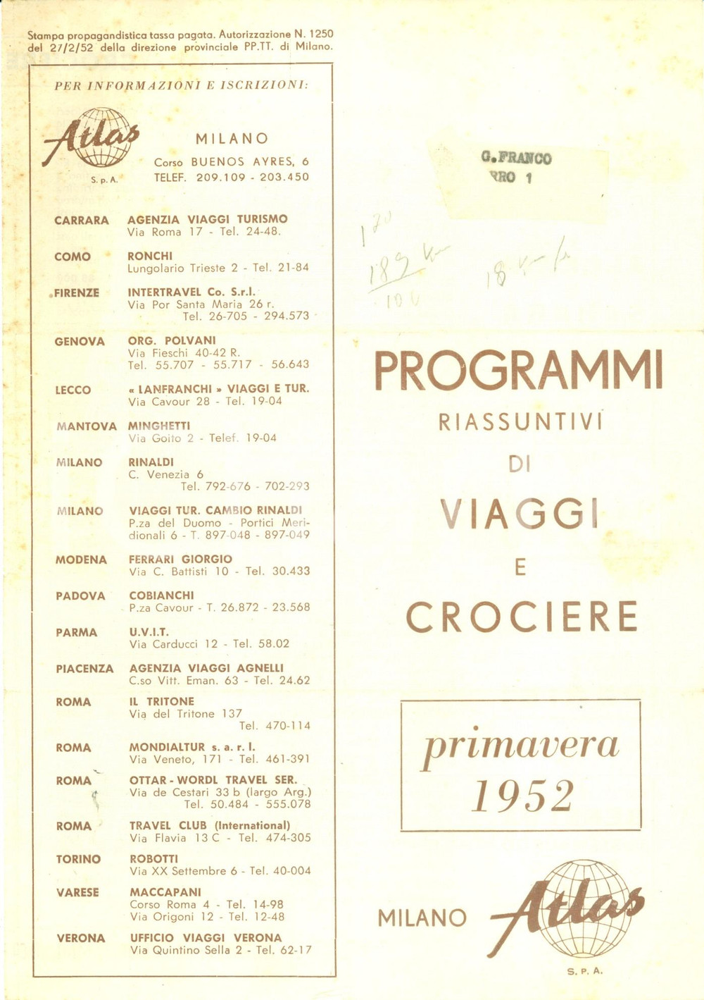 Materiale pubblicitario d’epoca 1952 MILANO Programmi riassuntivi viaggi crociere ATLAS Opuscolo 1