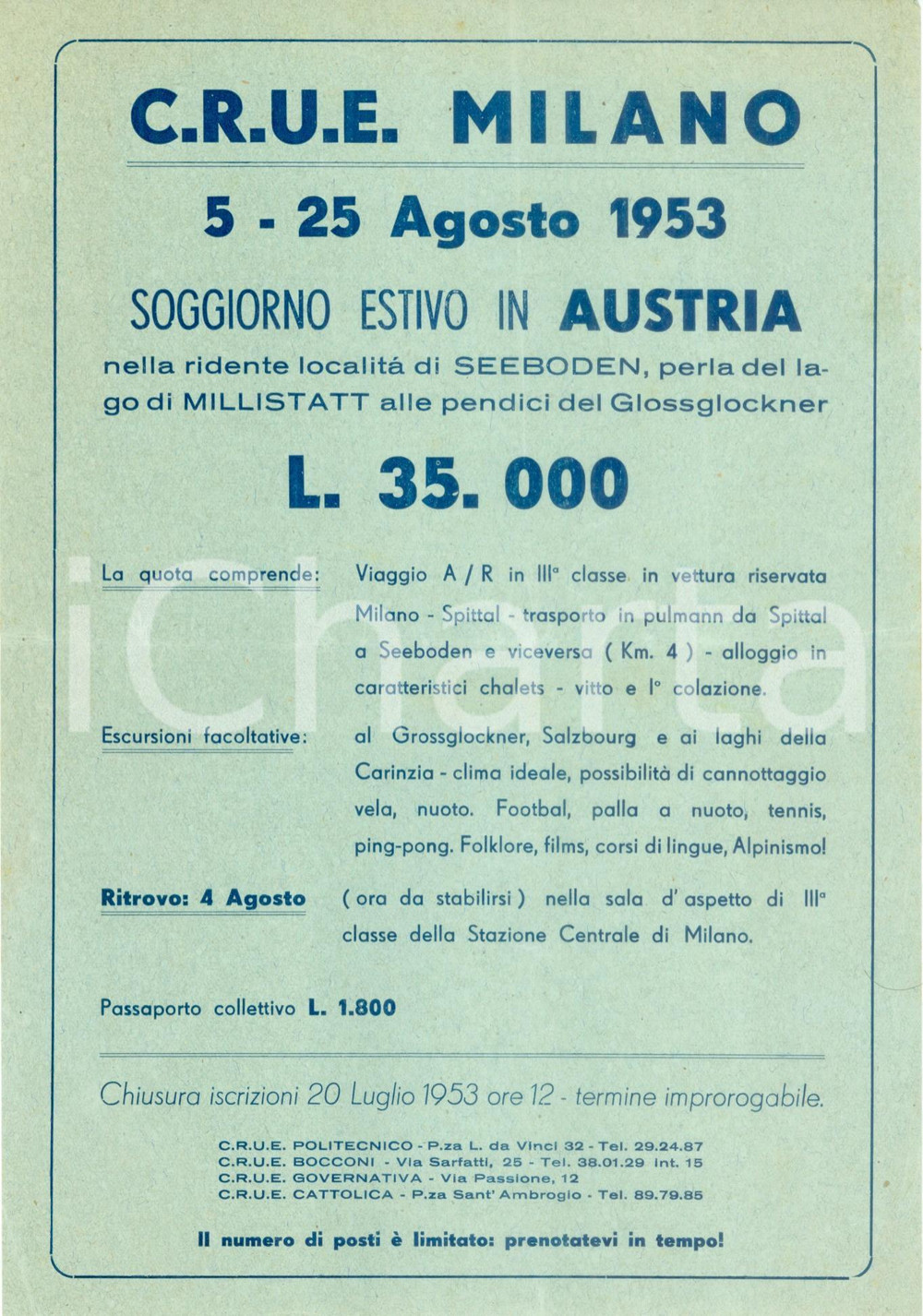 Documento originale, autentico 1953 MILANO Soggiorno estivo del C.R.U.E. a SEEBODEN Programma 1