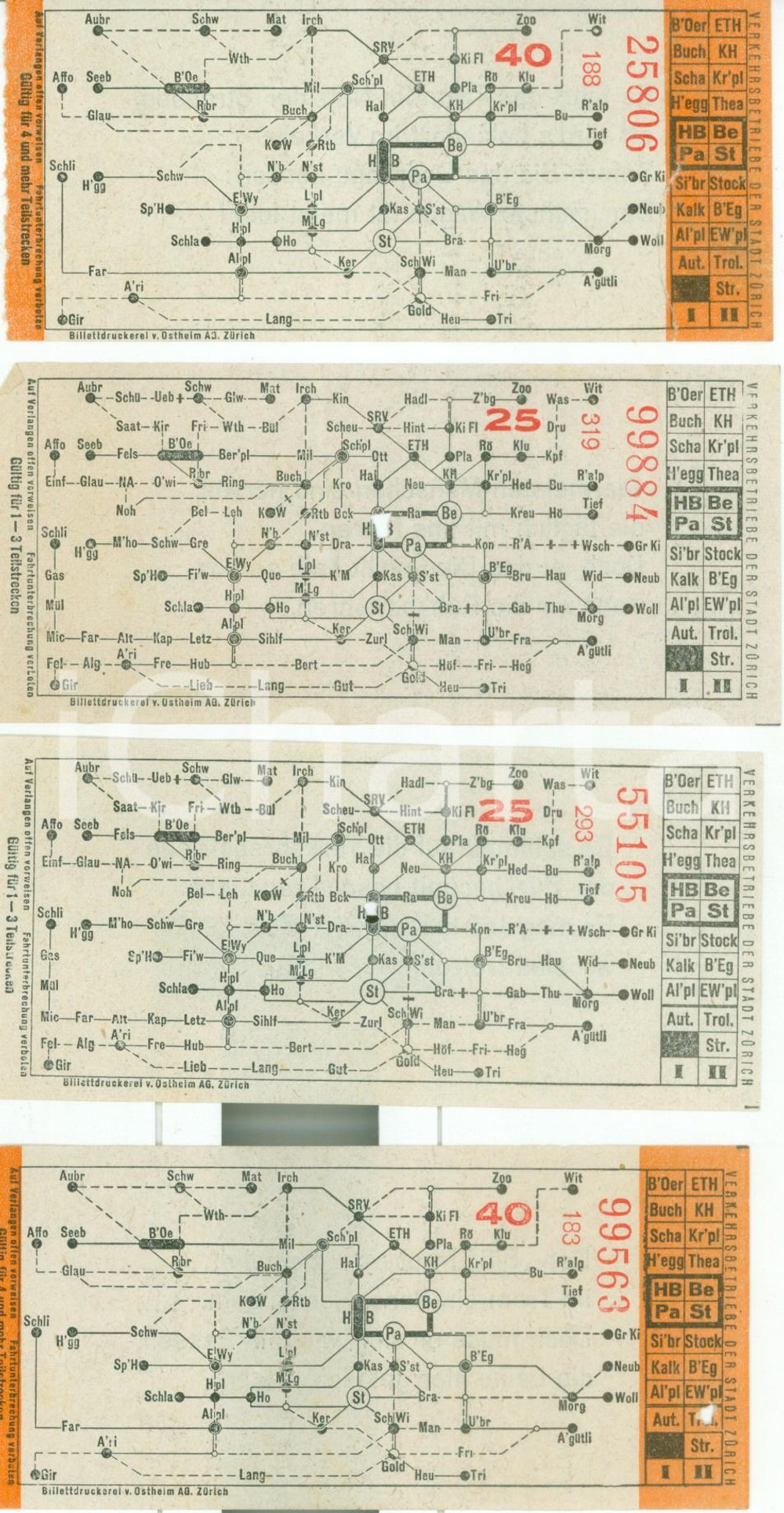 Oggetto da collezione cartaceo 1950 ca ZURICH SWITZERLAND Lotto quattro biglietti tram con linee tranviarie 1