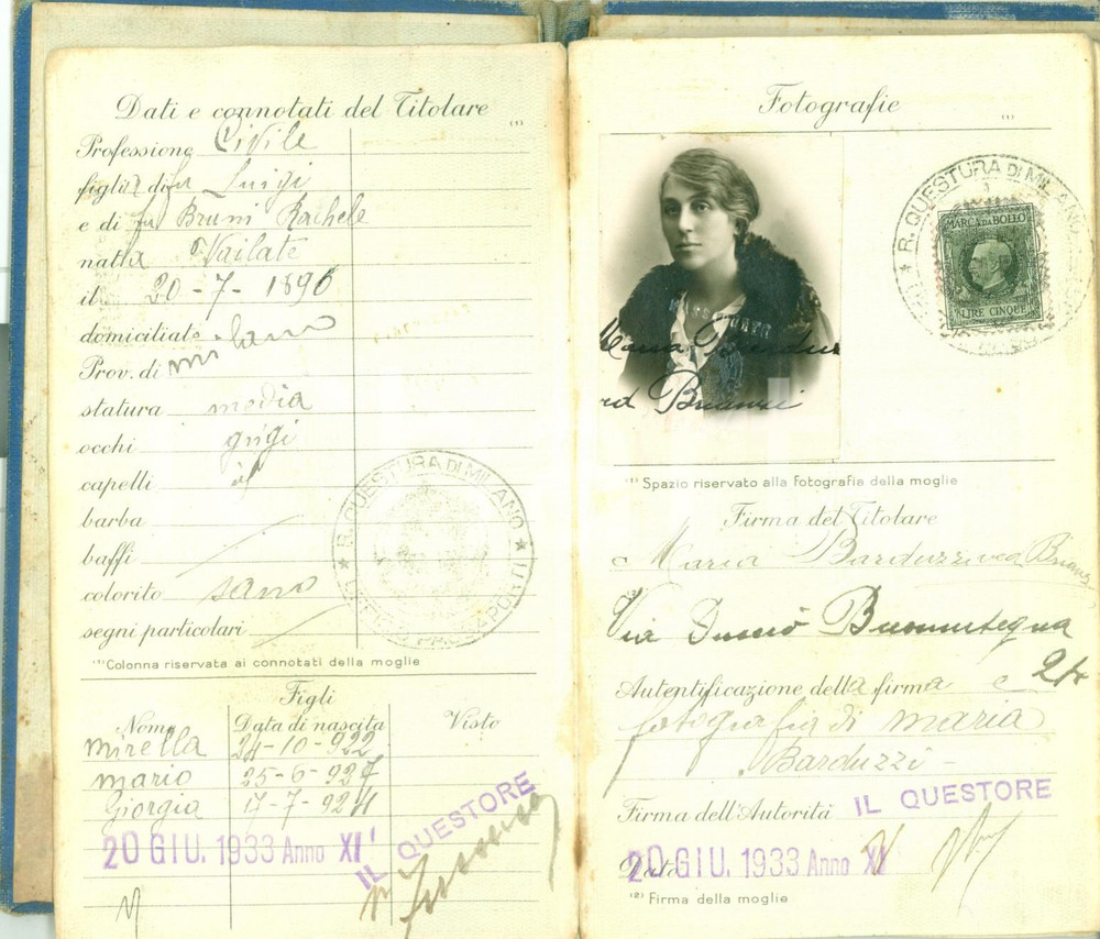 Documento originale, autentico 1933 MILANO Passaporto per l estero di Maria BARDUZZI con fotografia DANNEGGIATO 1