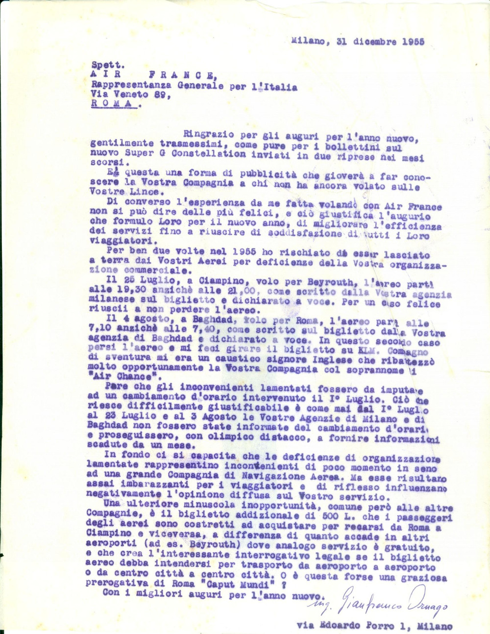 Manoscritto, lettera originale 1955 MILANO Gianfranco ORNAGO critica inefficienze della AIR FRANCE Lettera 1