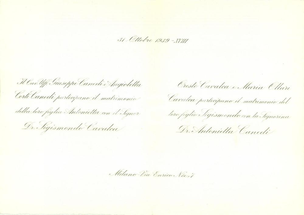 Documento originale, autentico 1939 MILANO Matrimonio di Sigismondo CAVALCA e Antonietta CANEDI Partecipazione 1