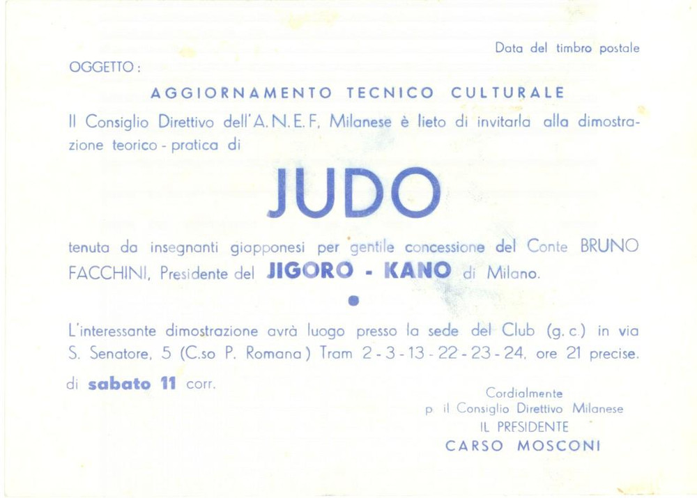 Documento originale, autentico 1957 MILANO ANEF Invito a dimostrazione pratica di JUDO Cartolina FG VG 1
