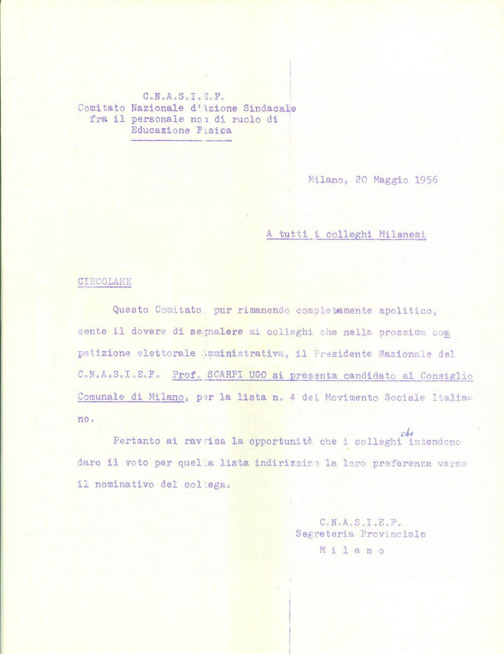 Materiale pubblicitario d’epoca 1956 MILANO C.N.A.S.I.E.F. Ugo SCARPI candidato Consiglio Propaganda elettorale 1