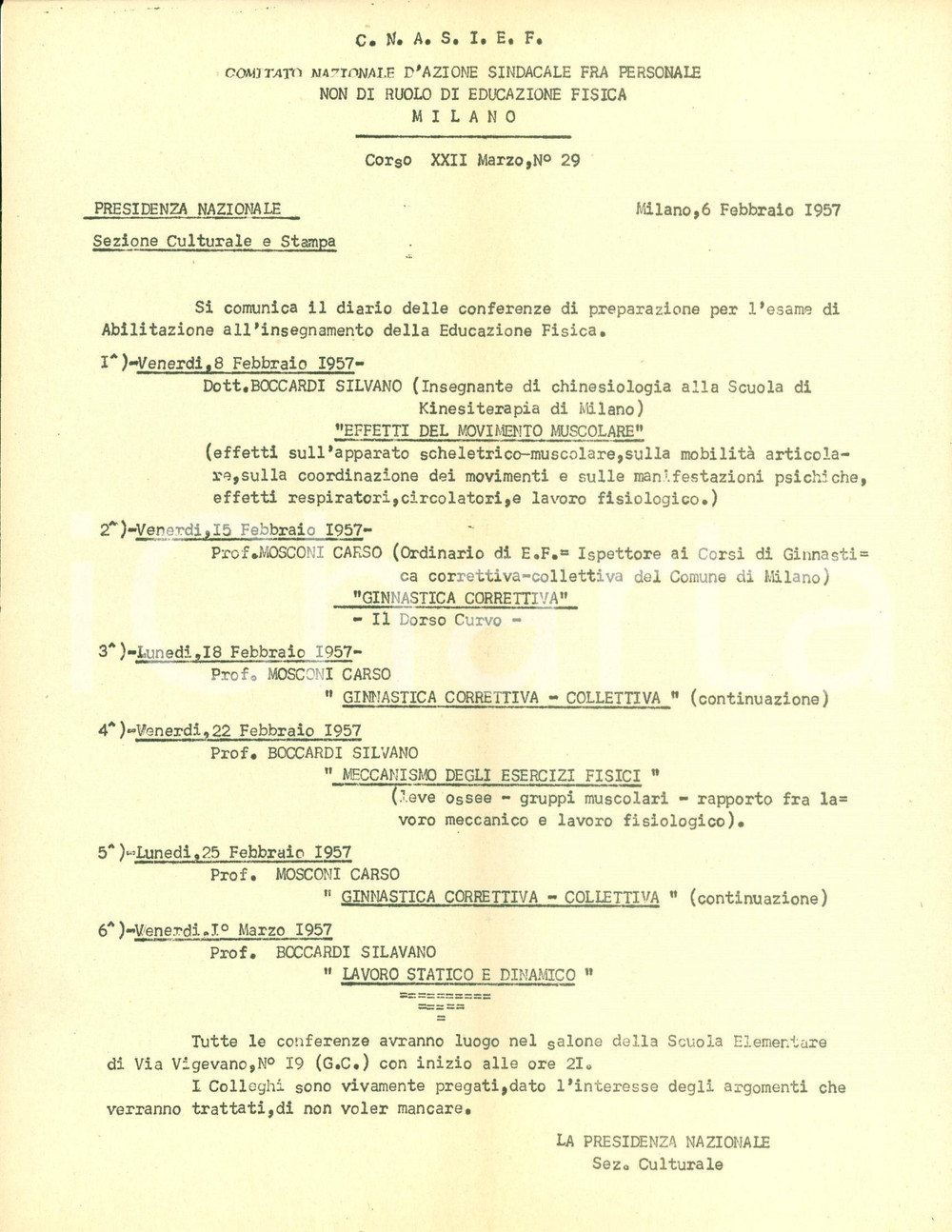 Documento originale, autentico 1957 MILANO C.N.A.S.I.E.F. Conferenze per esame abilitazione Educazione Fisica 1
