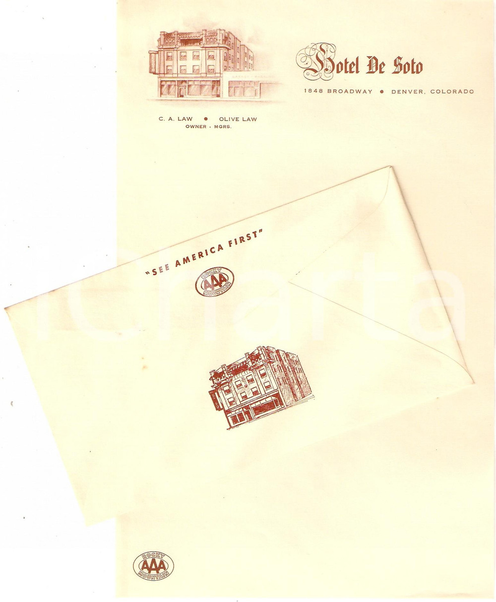 Materiale pubblicitario d’epoca 1950 ca DENVER Colorado USA Hotel DE SOTO Carta e busta intestata ILLUSTRATA 1
