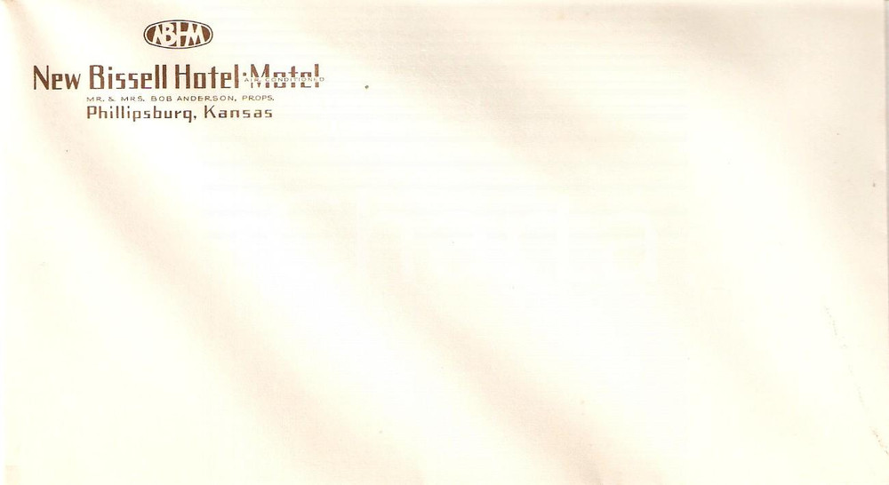 Materiale pubblicitario d’epoca 1950 ca PHILLIPSBURG Kansas USA Hotel Motel NEW BISSEL Busta intestata 1