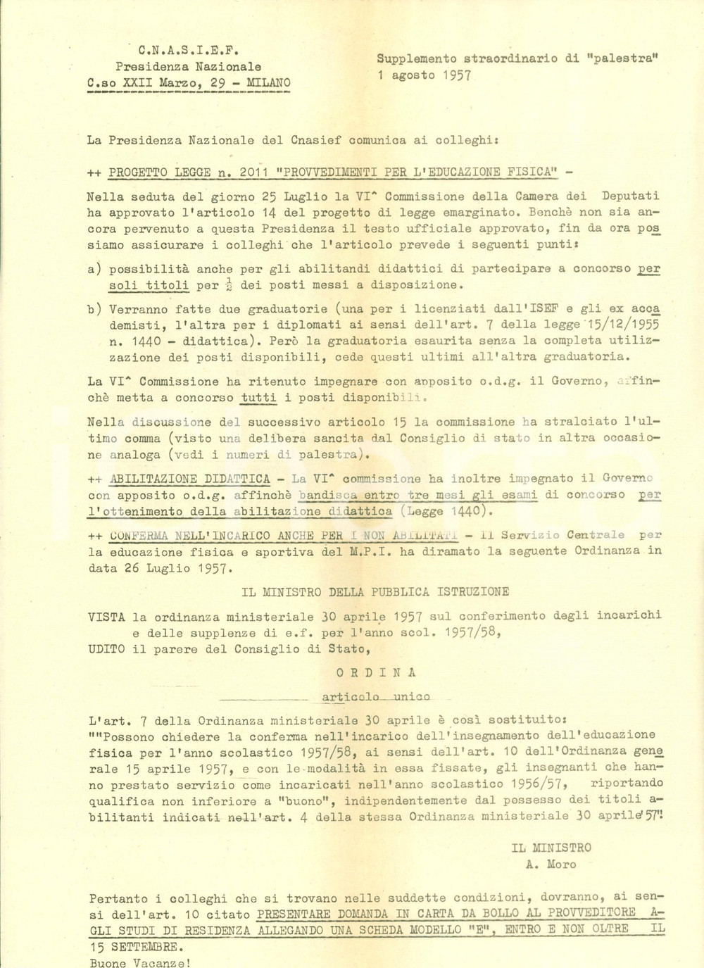 Documento originale, autentico 1957 MILANO C.N.A.S.I.E.F. Nuove norme per insegnanti di Educazione Fisica 1