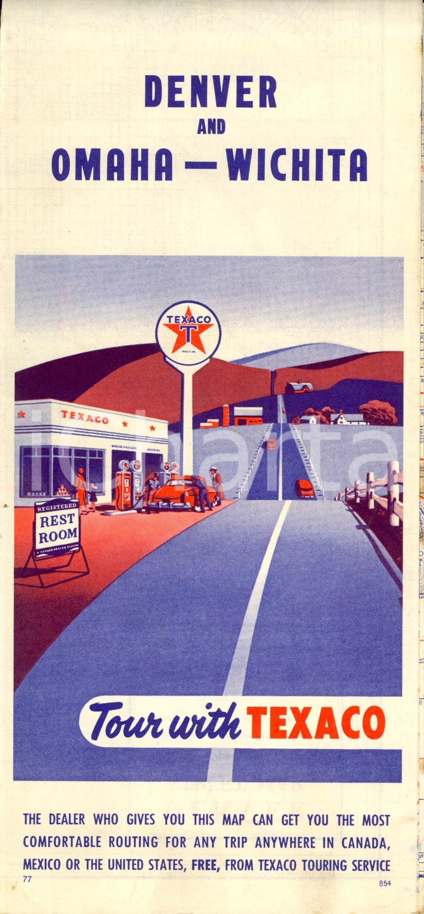 Mappa, planimetria storica 1955 ca DENVER and OMAHA  WICHITA tour with TEXACO Cartina PUBBLICITARIA 1