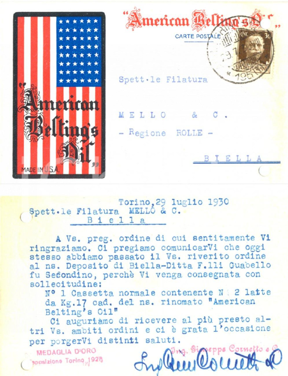 Cartolina originale da collezione 1930 TORINO Ditta ing. Giuseppe CORNETTO Cartolina AMERICAN BELTING S OIL 1