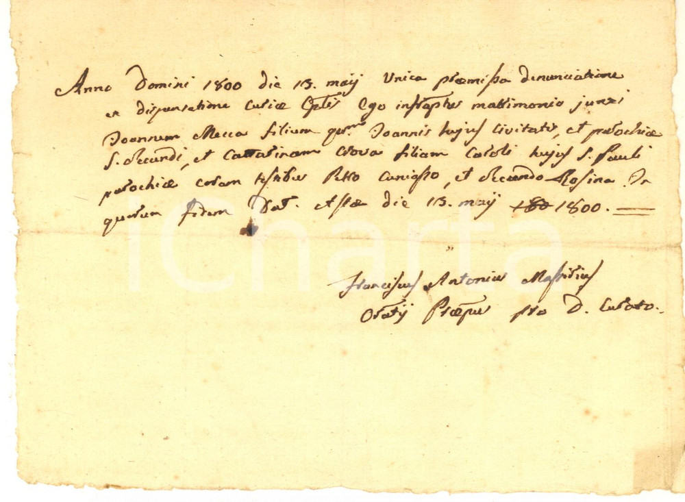 Documento originale, autentico 1800 ASTI Certificato matrimonio Giovanni MECCA e Caterina CROVA Manoscritto 1