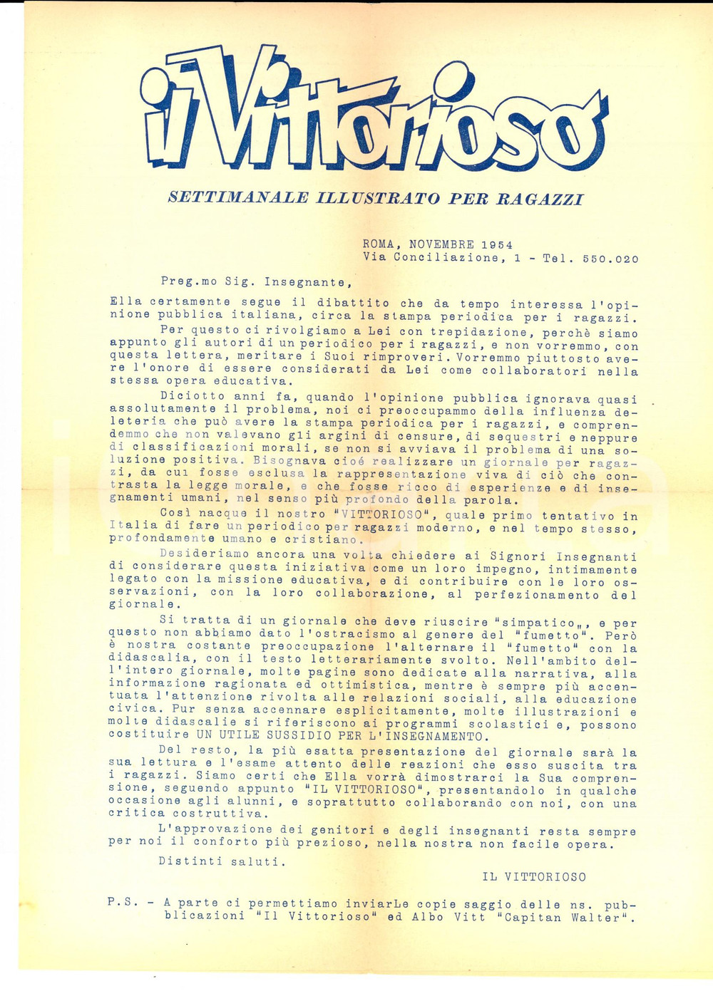 Materiale pubblicitario d’epoca 1954 ROMA IL VITTORIOSO Periodico cristiano per ragazzi Lettera pubblicitaria 1