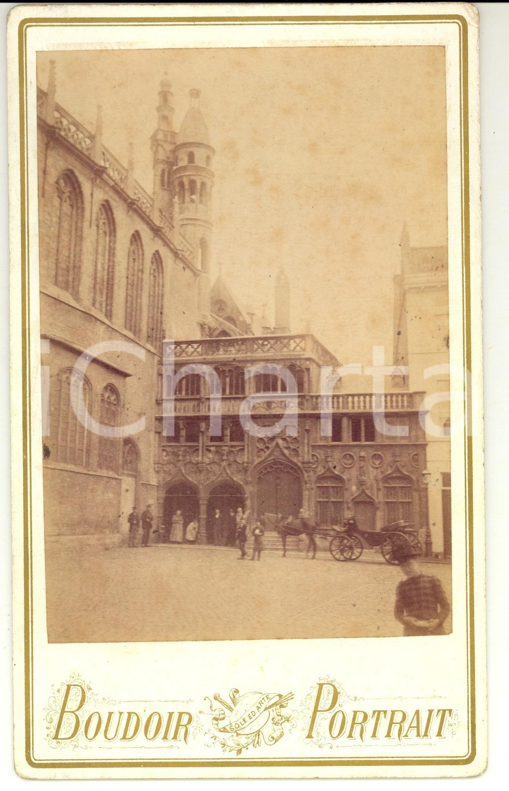 Fotografia d epoca originale 1890 ca BRUGES BELGIO Basilica del SACRO SANGUE  Animata con carrozza 1