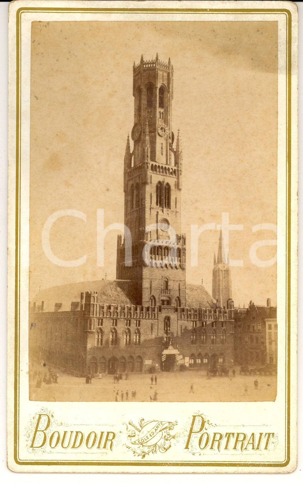Fotografia d epoca originale 1890 ca BRUGES BELGIO Veduta della Torre Civica Fotografia ANIMATA VINTAGE 1