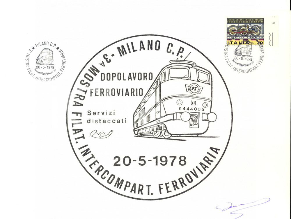 Materiale pubblicitario d’epoca Maggio 1978 MILANO MOSTRA FILATELICA FERROVIARIA Annullo primo giorno 1