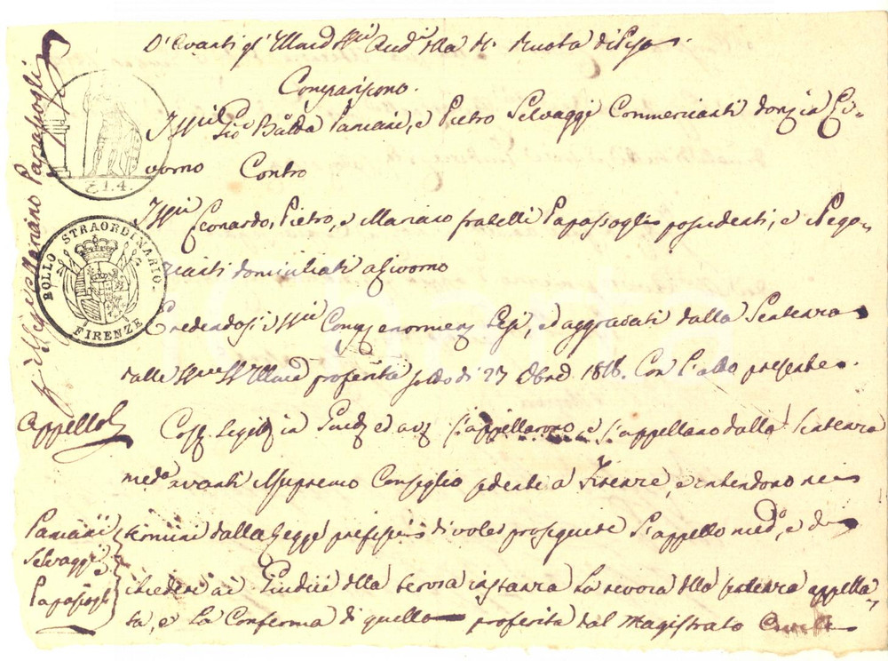 Documento originale, autentico 1819 LIVORNO Appello nella lite tra commercianti PANERAI, SELVAGGI e PAPASSOGLI 1