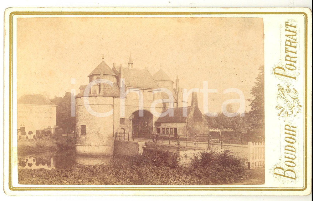 Fotografia d epoca originale 1890 ca BRUGES BELGIO Veduta della EZELPOORT  Animata con bambini 1