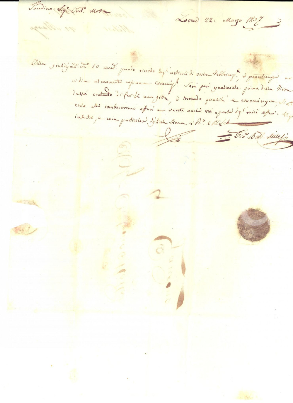 Manoscritto, lettera originale 1807 LOVERE BG Giovanni Battista MILESI promette gita d affari Prefilatelica 1