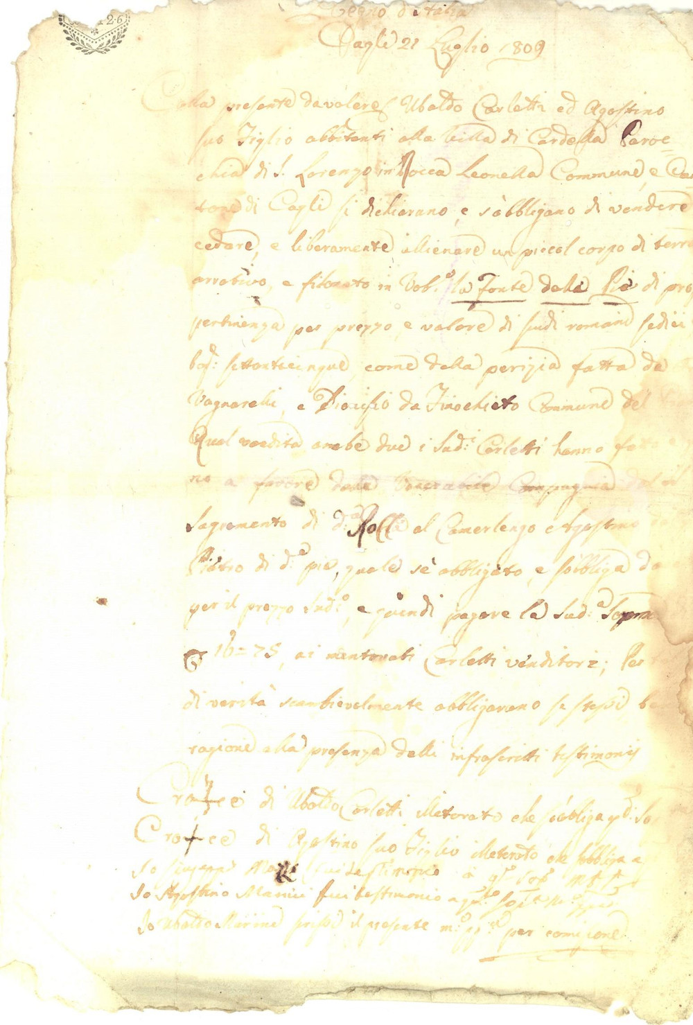 Documento originale, autentico 1809 PIOBBICO PU Ubaldo CARLETTI vende terra alla FONTE DELLE PIE Manoscritto 1