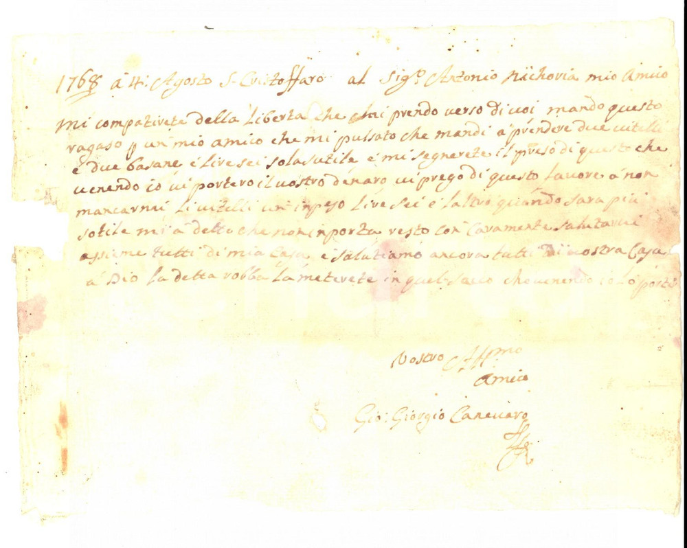 Manoscritto, lettera originale 1768 MILANO SAN CRISTOFORO Giovanni Giorgio CANEVARO manda a prendere vitelli 1