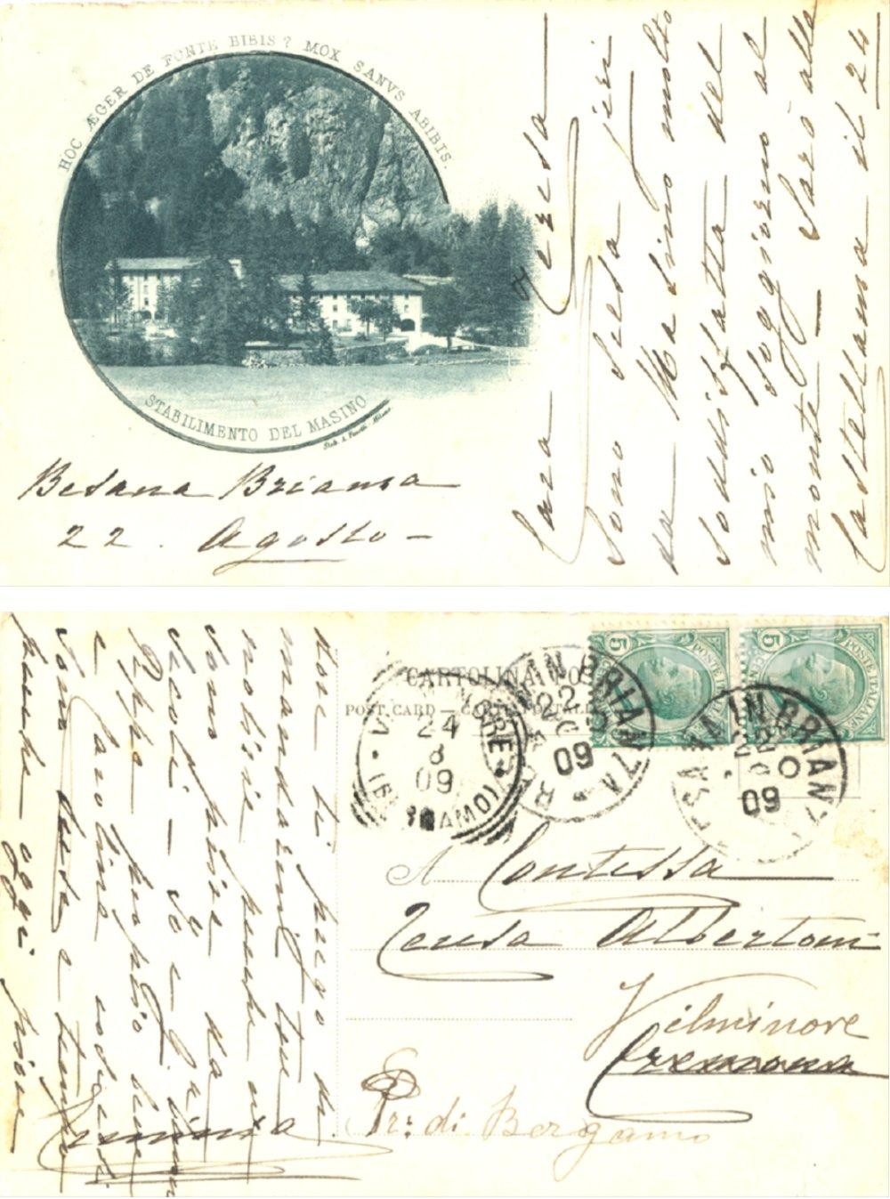 Cartolina originale da collezione 1909 BESANA IN BRIANZA Stabilimento del Masino Cartolina a Teresa ALBERTONI 1