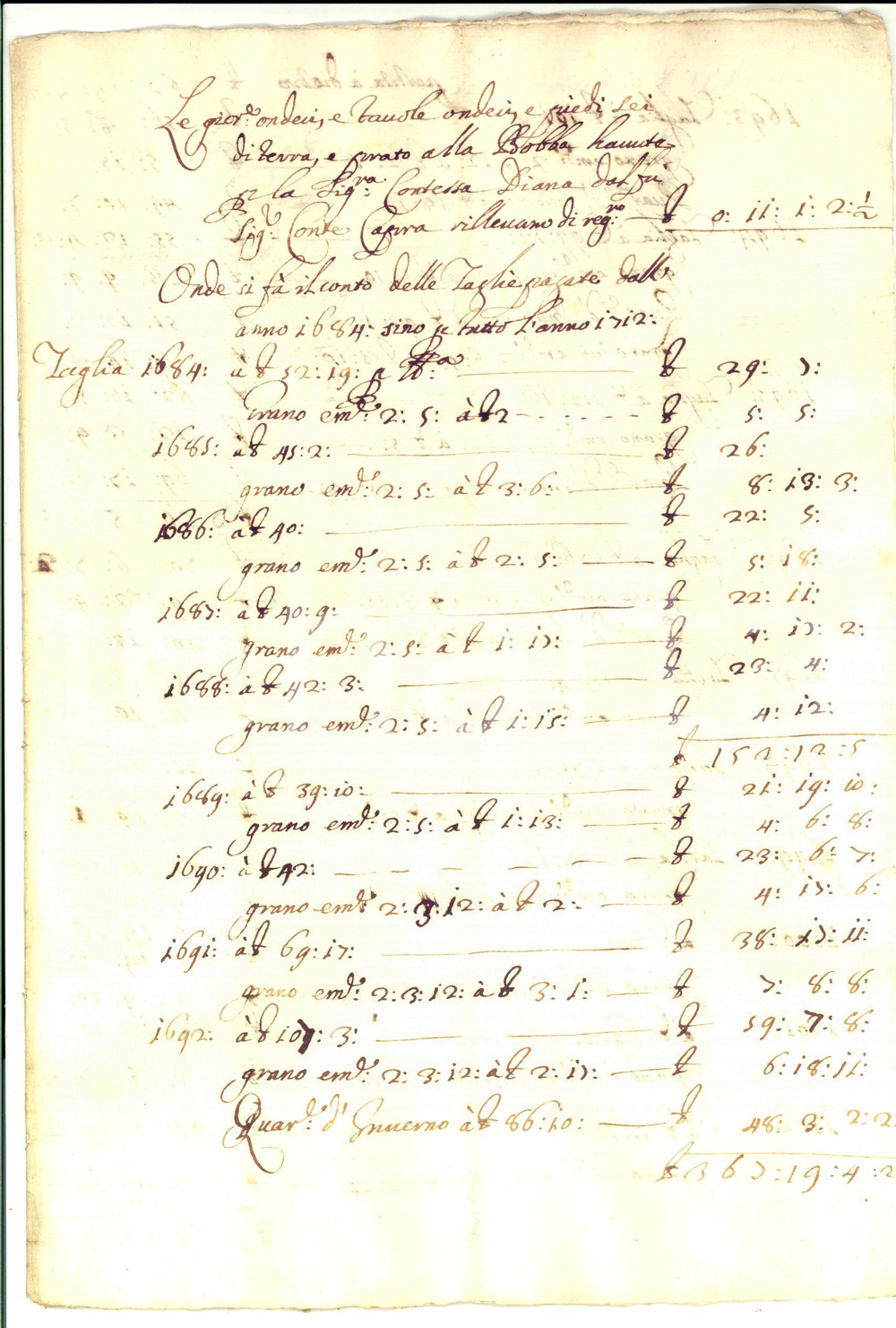 Documento originale, autentico 1712 TORINO Taglie su terre ereditate dalla contessa Diana ROMAGNANO DI VIRLE 1