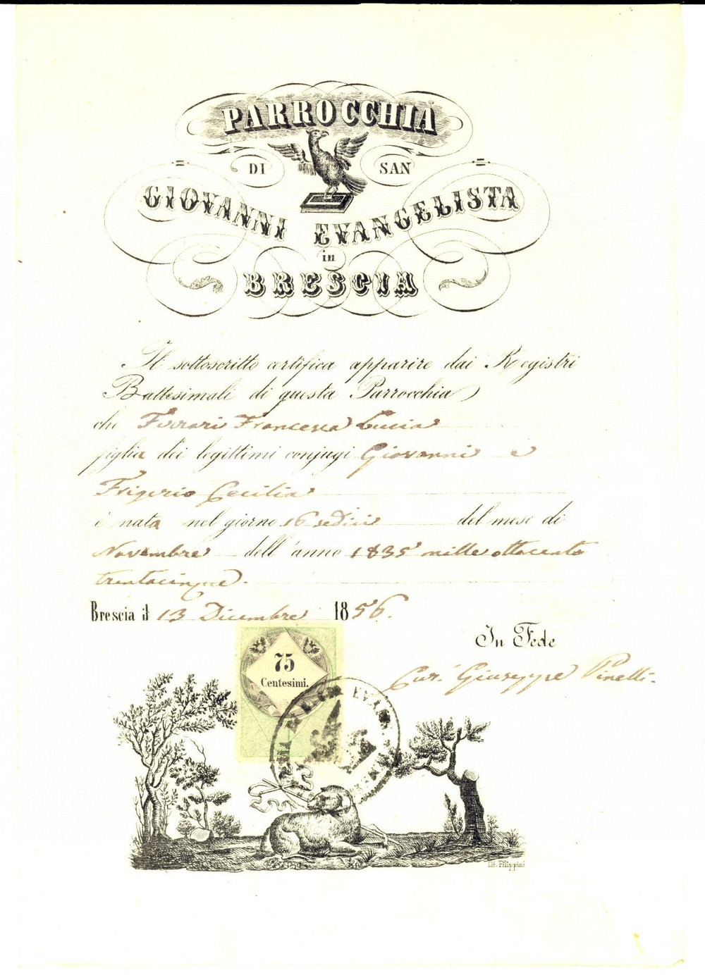 Documento originale, autentico 1856 BRESCIA Battesimo Francesca Lucia FERRARI Parrocchia SAN GIOVANNI 1