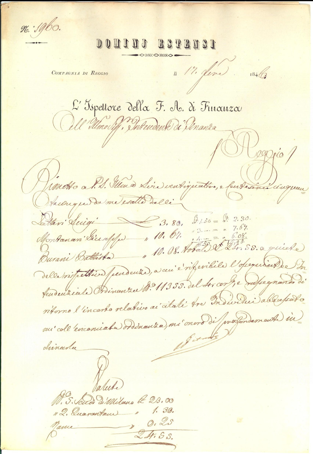 Documento originale, autentico 1846 REGGIO EMILIA Riscossione dei debiti di Luigi LETTERI e Battista BURANI 1