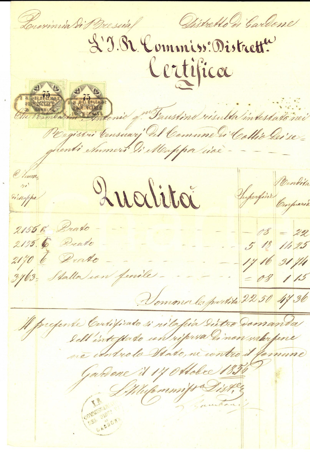 Documento originale, autentico 1856 COLLIO BS Prati e stalla con fienile di Antonio RAMBALDINI Documento 1