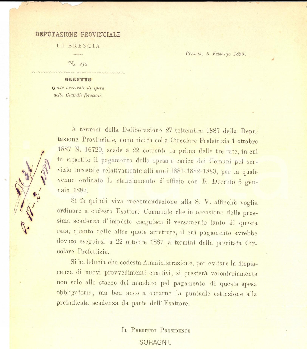 Documento originale, autentico 1888 BRESCIA Deputazione Provinciale  Arretrati di spesa per guardie forestali 1