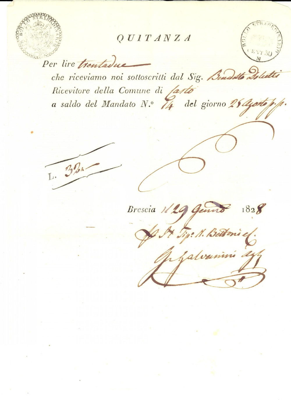 Documento originale, autentico 1828 CASTO BS Saldo del ricevitore Bendetto DOLCETTI Quietanza 1