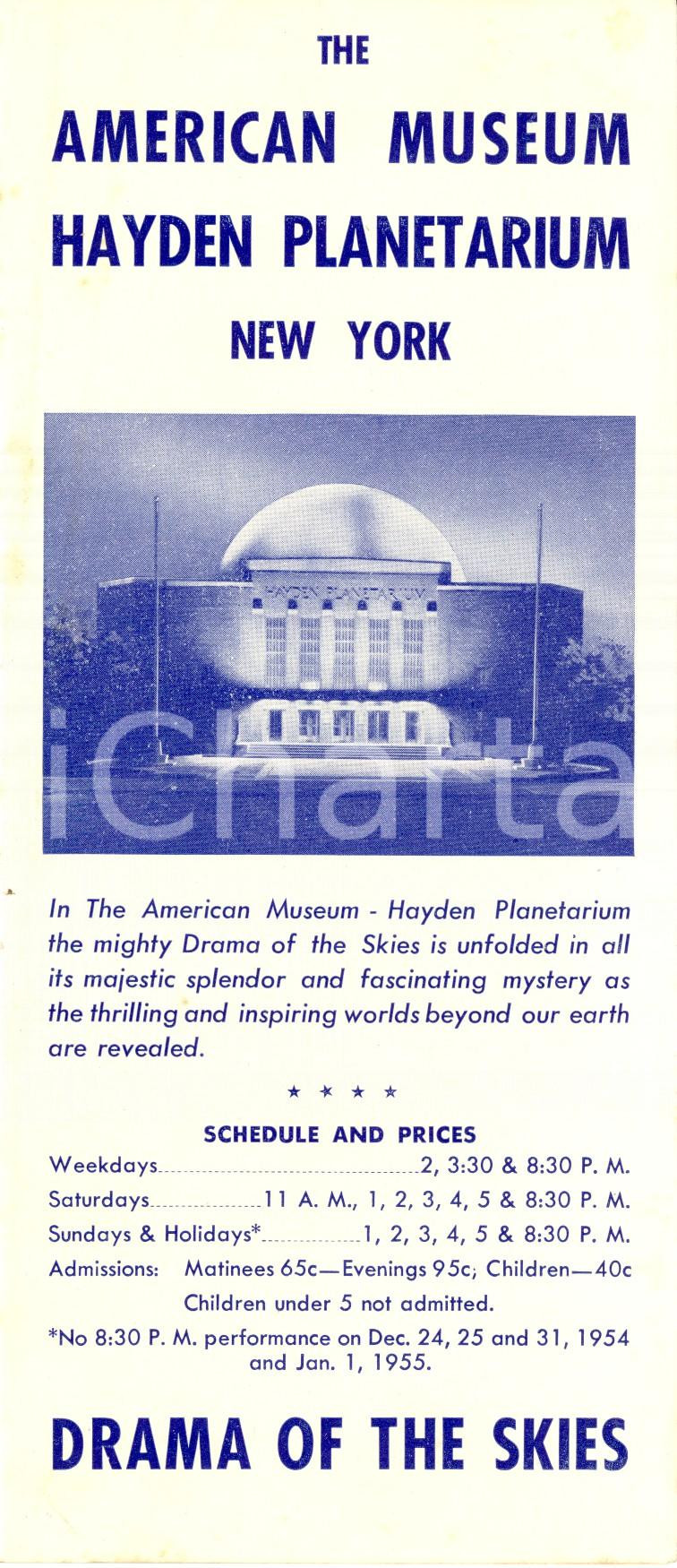 Materiale pubblicitario d’epoca 1954 NEW YORK USA  AMERICAN MUSEUM HAYDEN planetarium Drama of the skies 1