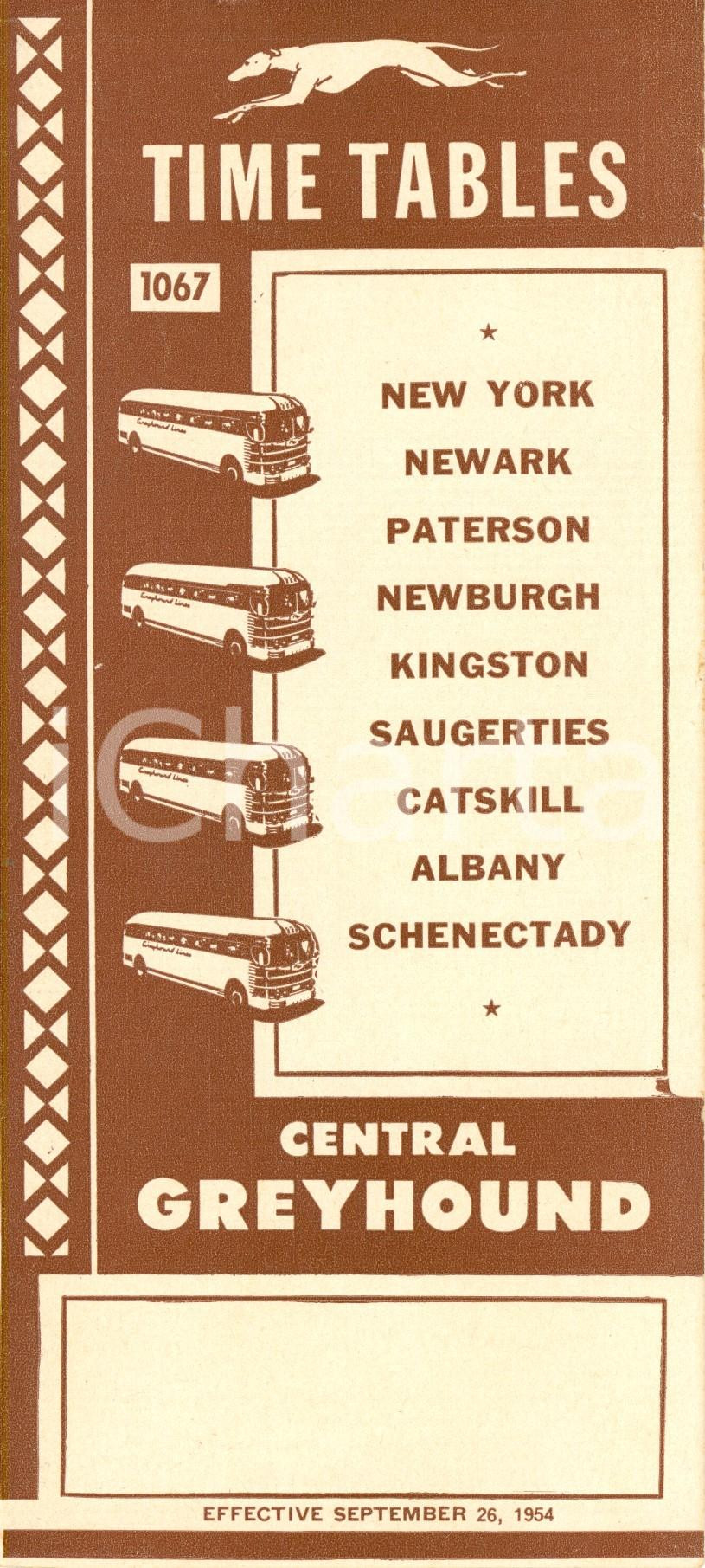 Materiale pubblicitario d’epoca 1954 NEW YORK USA CENTRAL GREYHOUND bus service Timetable 1067 Opuscolo 1