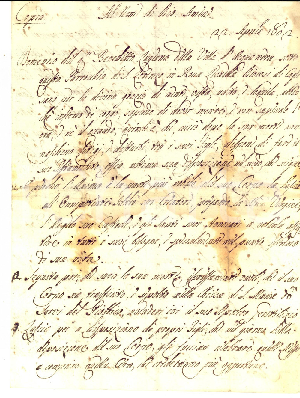 Documento originale, autentico 1802 ACQUANERA PU Testamento di Domenico LUCERNA padrone della roba sua 1
