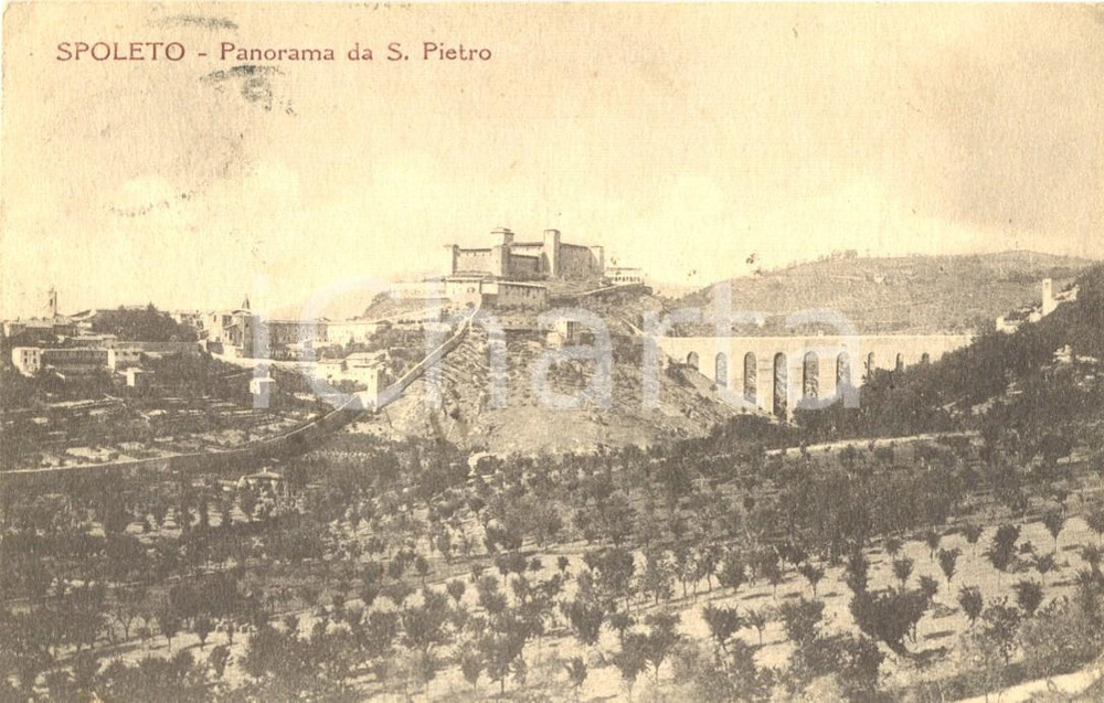 Cartolina originale da collezione 1925 SPOLETO PG Rocca ALBORNOZ e ponte delle TORRI da SAN PIETRO FP VG 1
