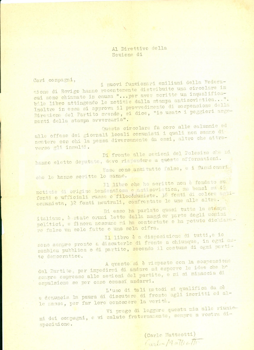 Materiale pubblicitario d’epoca 1951 Carlo MATTEOTTI espulso dal Partito per posizioni anticomuniste Volantino 1