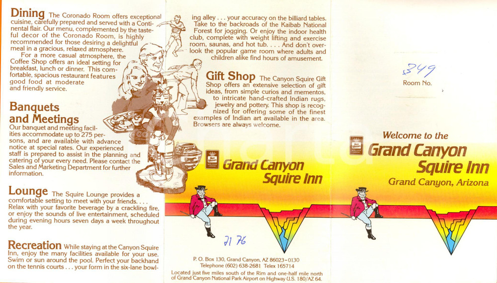 Materiale pubblicitario d’epoca 1984 Welcome to GRAND CANYON SQUIRE INN Opuscolo turistico ILLUSTRATO con mappa 1