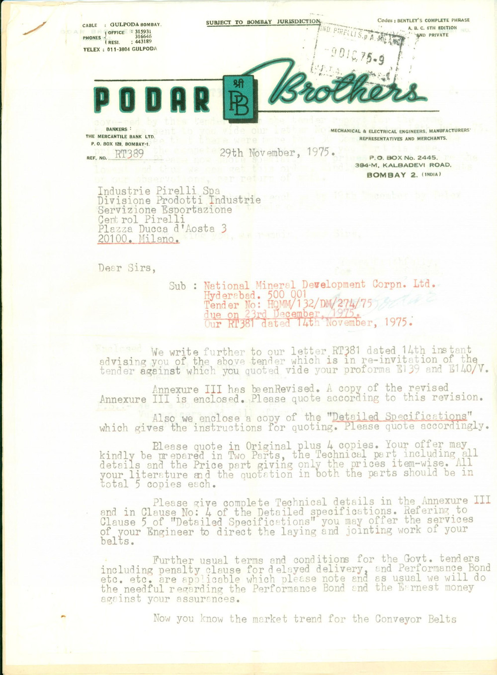 Manoscritto, lettera originale 1975 BOMBAY INDIA Ditta PODAR BROTHERS invia specifiche cinghie DONIMALAI 1
