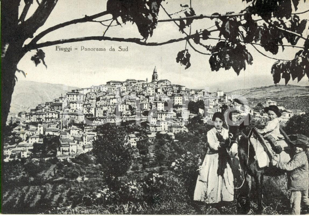Cartolina originale da collezione 1956 FIUGGI FR Panorama da Sud con contadini in costumi tipici e asino FG VG 1
