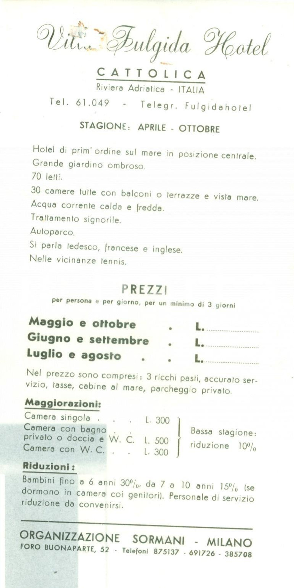 Materiale pubblicitario d’epoca 1950 ca CATTOLICA RN Volantino Villa FULGIDA Hotel Pubblicitario 1