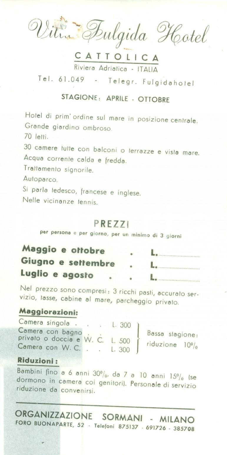 Materiale pubblicitario d’epoca 1950 ca CATTOLICA RN Volantino Villa FULGIDA Hotel Pubblicitario 1