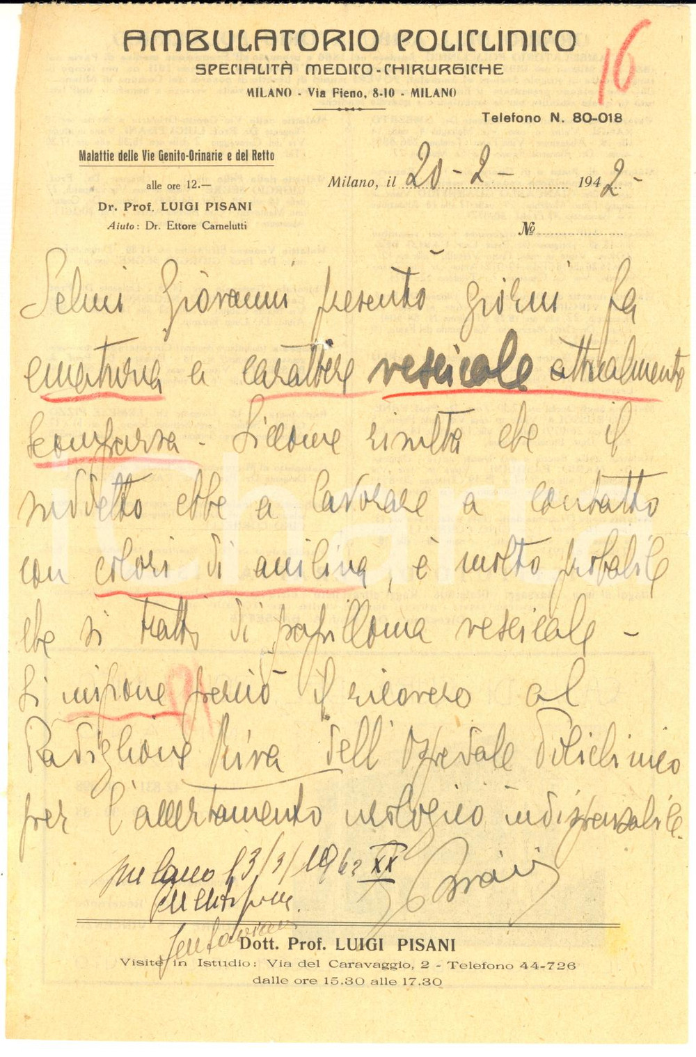 Autografo originale 1942 MILANO Ambulatorio POLICLINICO  Lettera Luigi PISANI  Autografo 1